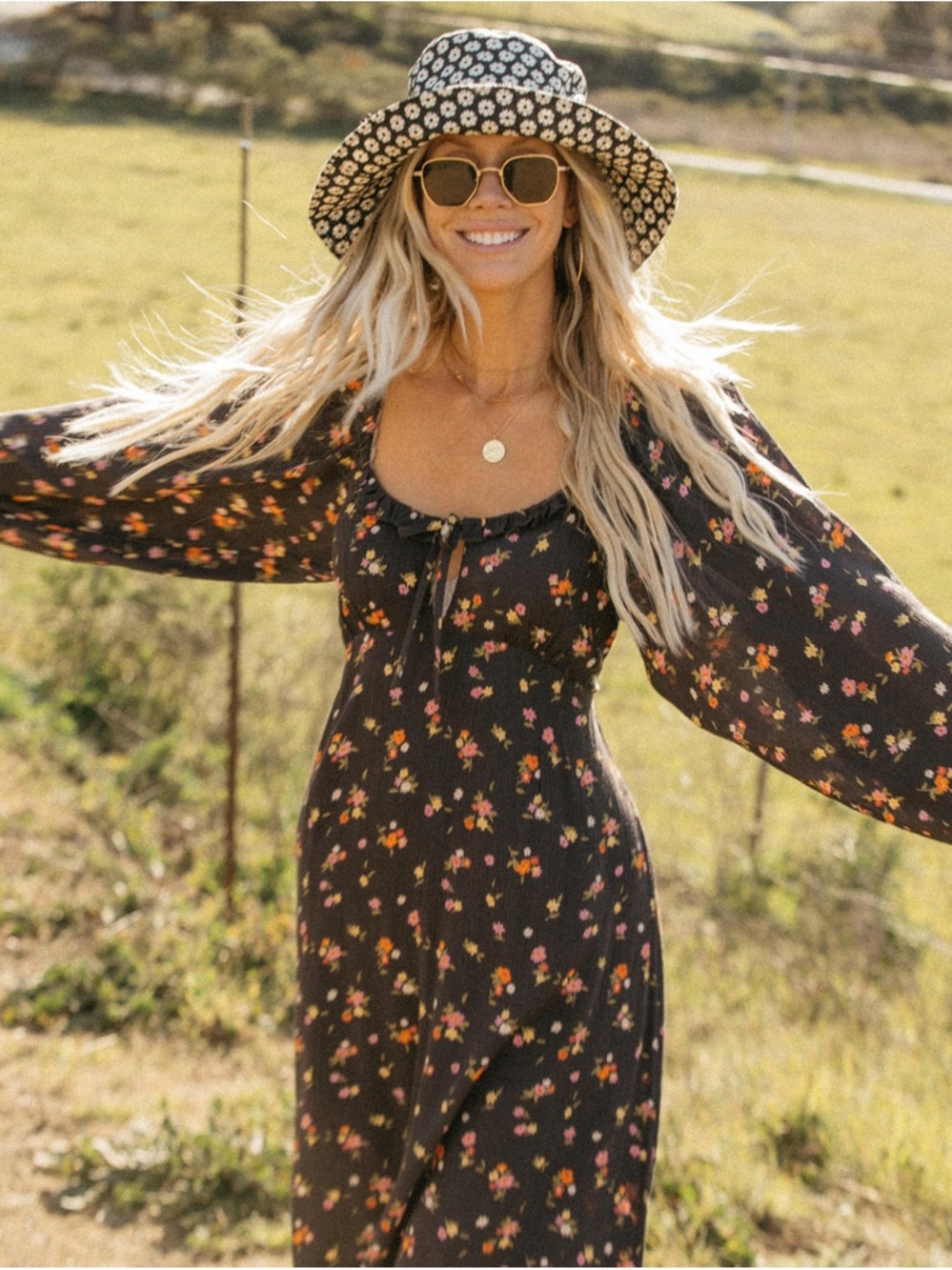 Billabong Slate grey Floral Long Sleeve Maxi Dress